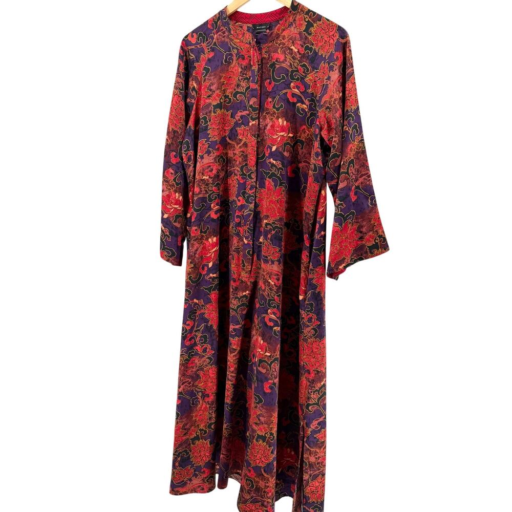 Vintage Y2K Natori Red Purple Asian Floral Half Zip Nightgown Kaftan